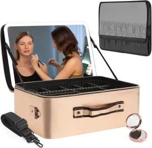 Large Cosmetics Train Case with LED Lighted Mirror 3 Color Lights Adjustable Brightness Portable Makeup bag with Adjustable Dividers for Professional Artist, Rose Gold