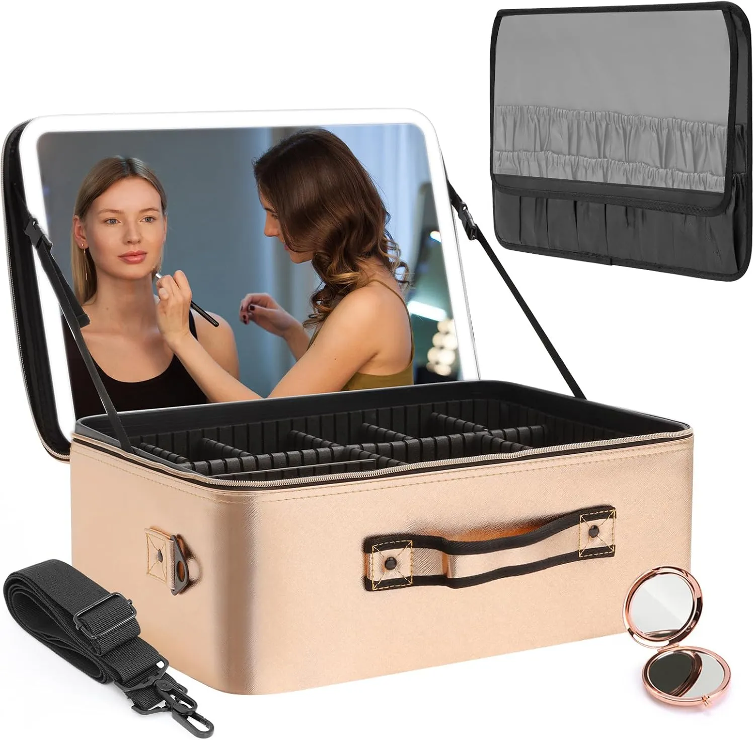 Large Cosmetics Train Case with LED Lighted Mirror 3 Color Lights Adjustable Brightness Portable Makeup bag with Adjustable Dividers for Professional Artist, Rose Gold