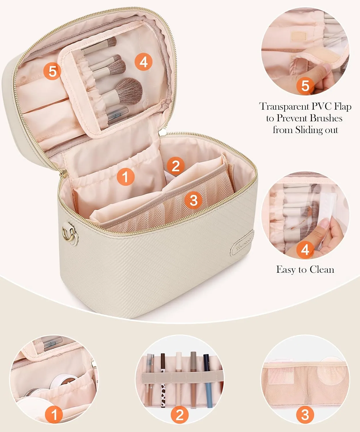 Large Stylish Makeup Bag Cosmetic Make Up Travel Bag for Women, Delicate Model (Beige)