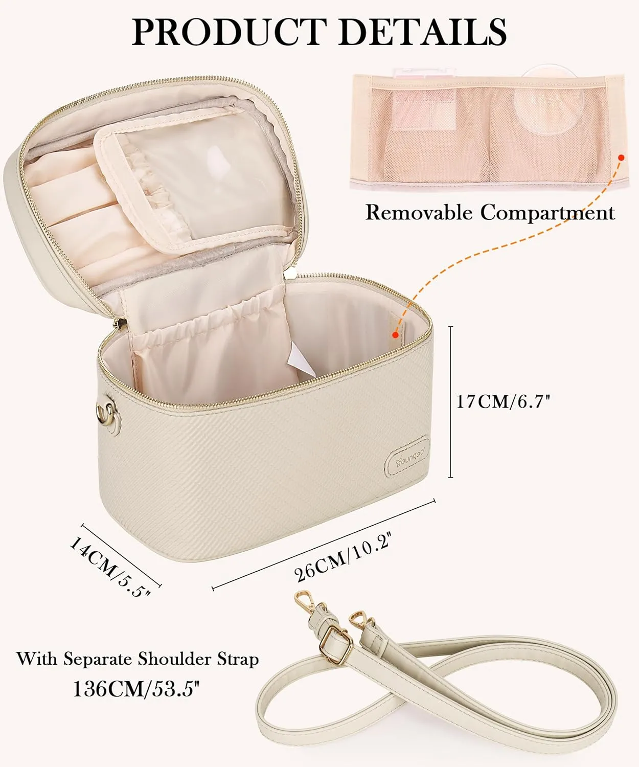 Large Stylish Makeup Bag Cosmetic Make Up Travel Bag for Women, Delicate Model (Beige)