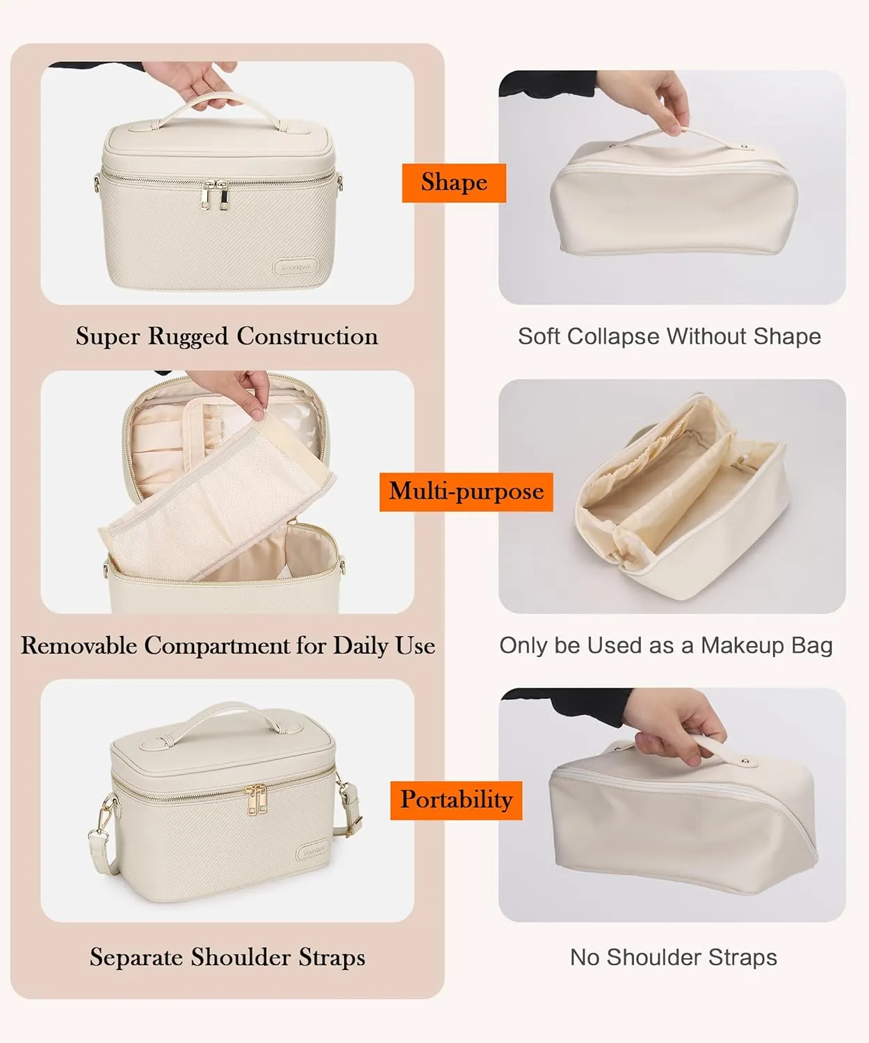 Large Stylish Makeup Bag Cosmetic Make Up Travel Bag for Women, Delicate Model (Beige)