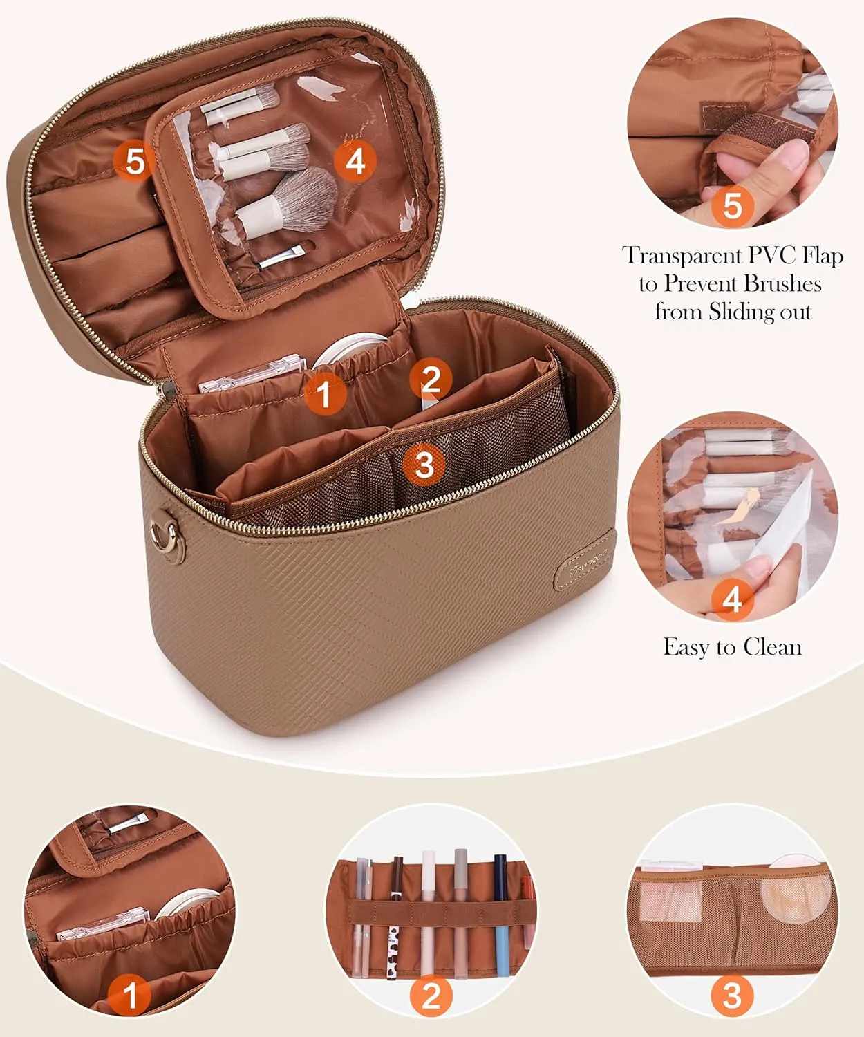 Large Stylish Makeup Bag Cosmetic Make Up Travel Bag for Women, Delicate Model (Brown)