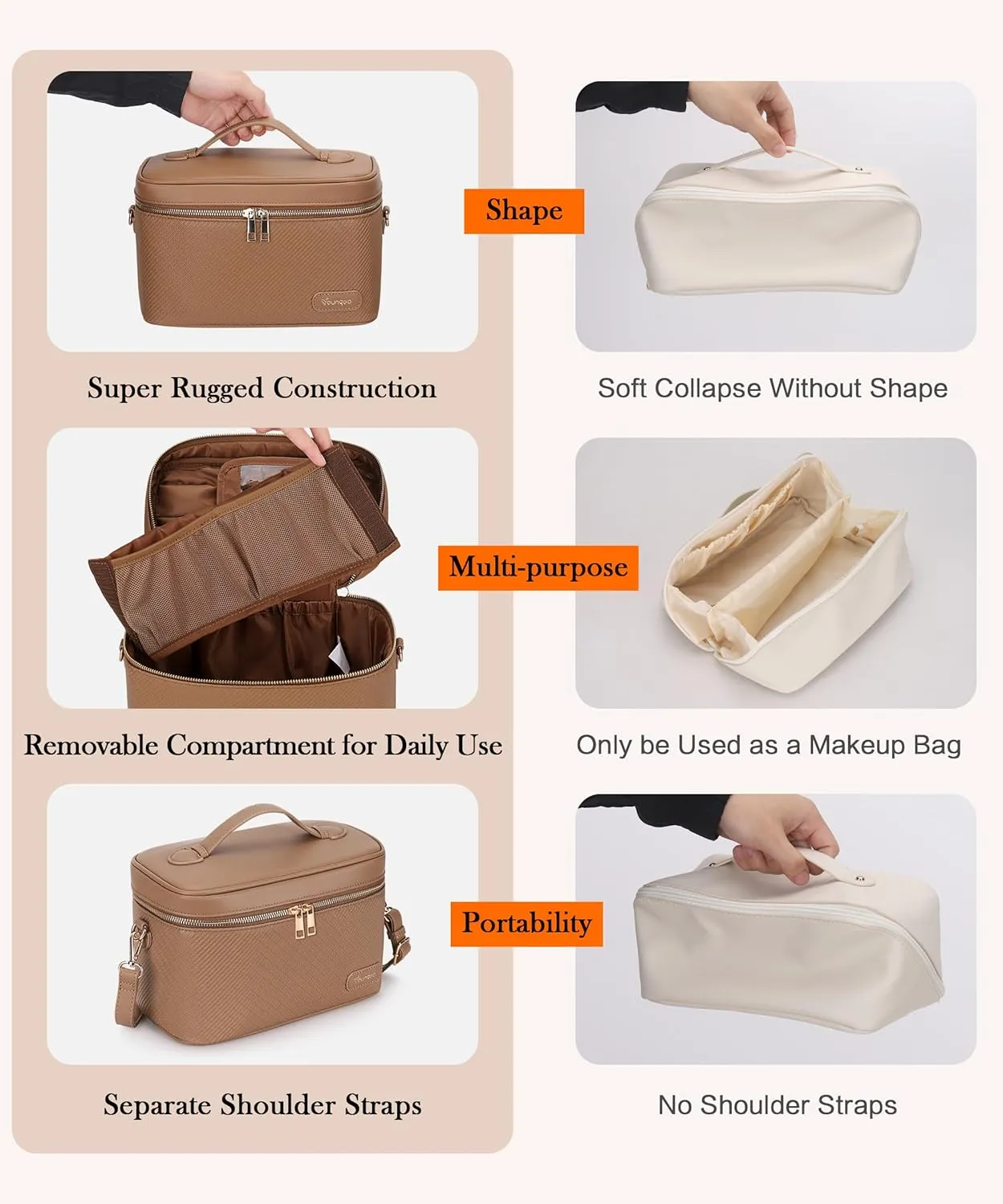 Large Stylish Makeup Bag Cosmetic Make Up Travel Bag for Women, Delicate Model (Brown)