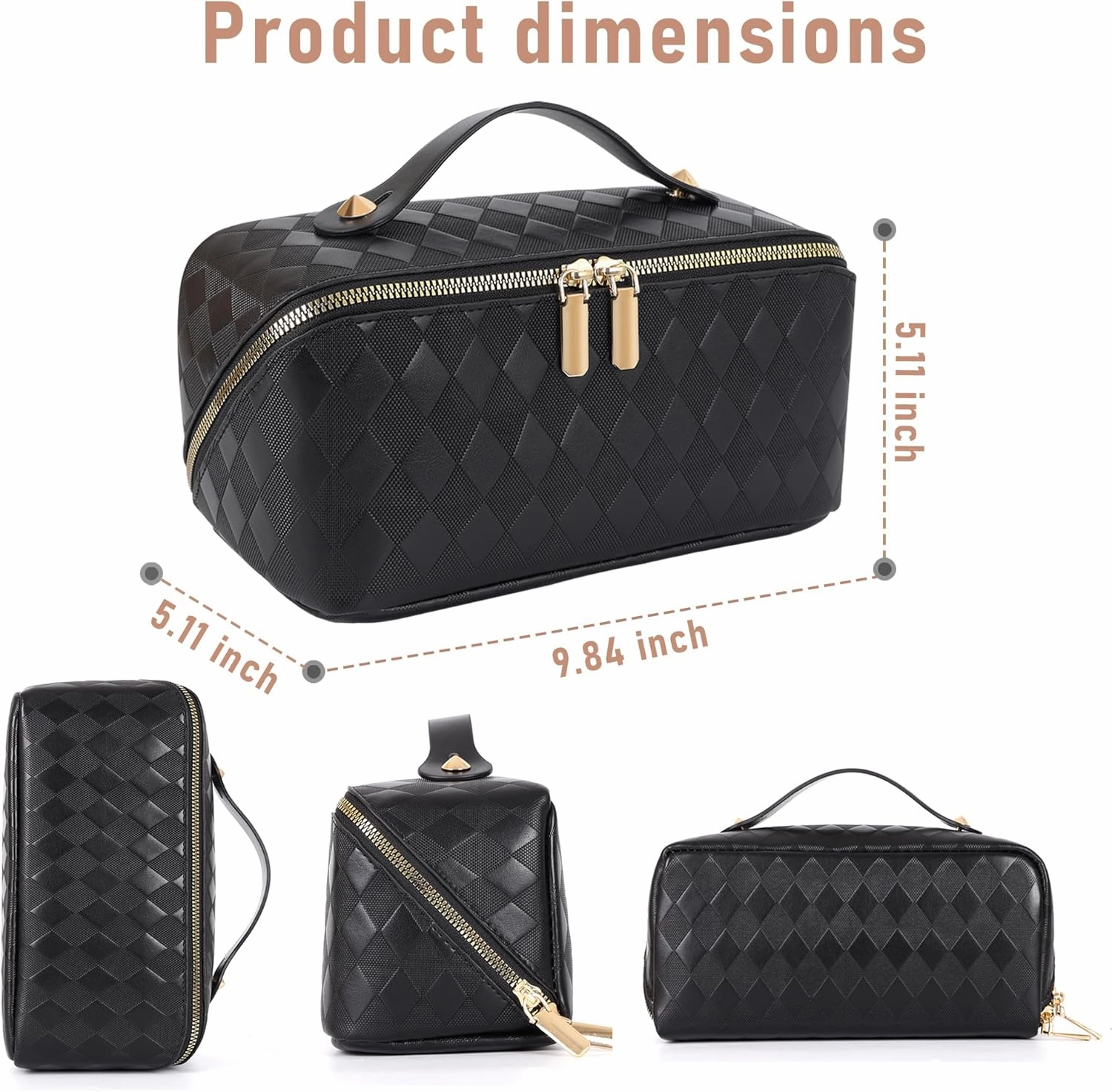 Large Capacity Travel Cosmetic Bag - Portable Makeup Bags for Women Waterproof PU Leather Checkered Makeup Organizer Bag with Dividers and Handle,Toiletry Bag for Cosmetics