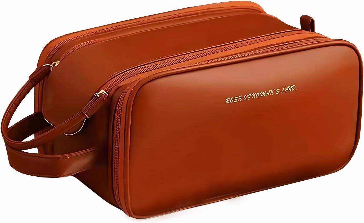 Large Capacity Travel Makeup Bag, PU Leather Waterproof Cosmetic Bag, Travel Essentials Organizers with Compartments Brown