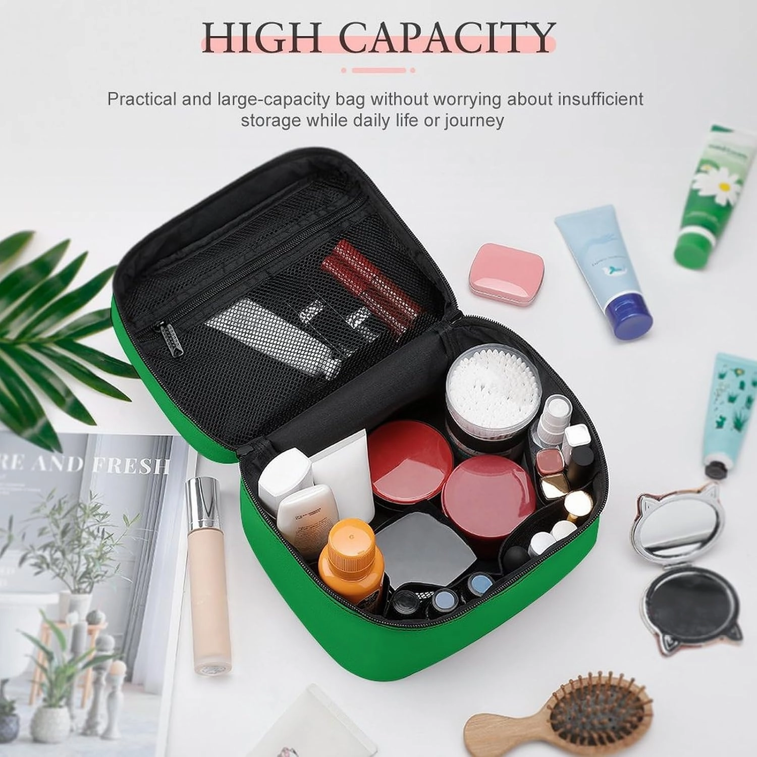 Large Makeup Bag, Classic Colors Bright Green Solid Cosmetic Bag for Women Girls, Portable Toiletry Bag, Travel Make Up Organizer Bag