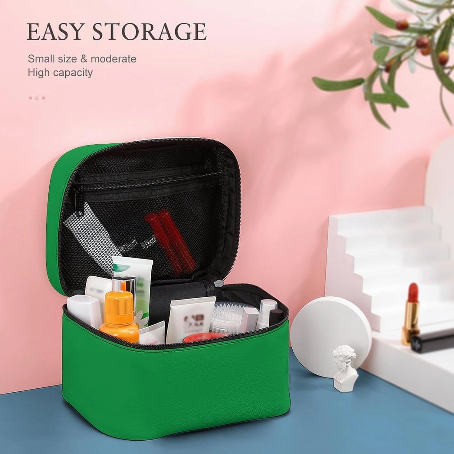 Large Makeup Bag, Classic Colors Bright Green Solid Cosmetic Bag for Women Girls, Portable Toiletry Bag, Travel Make Up Organizer Bag
