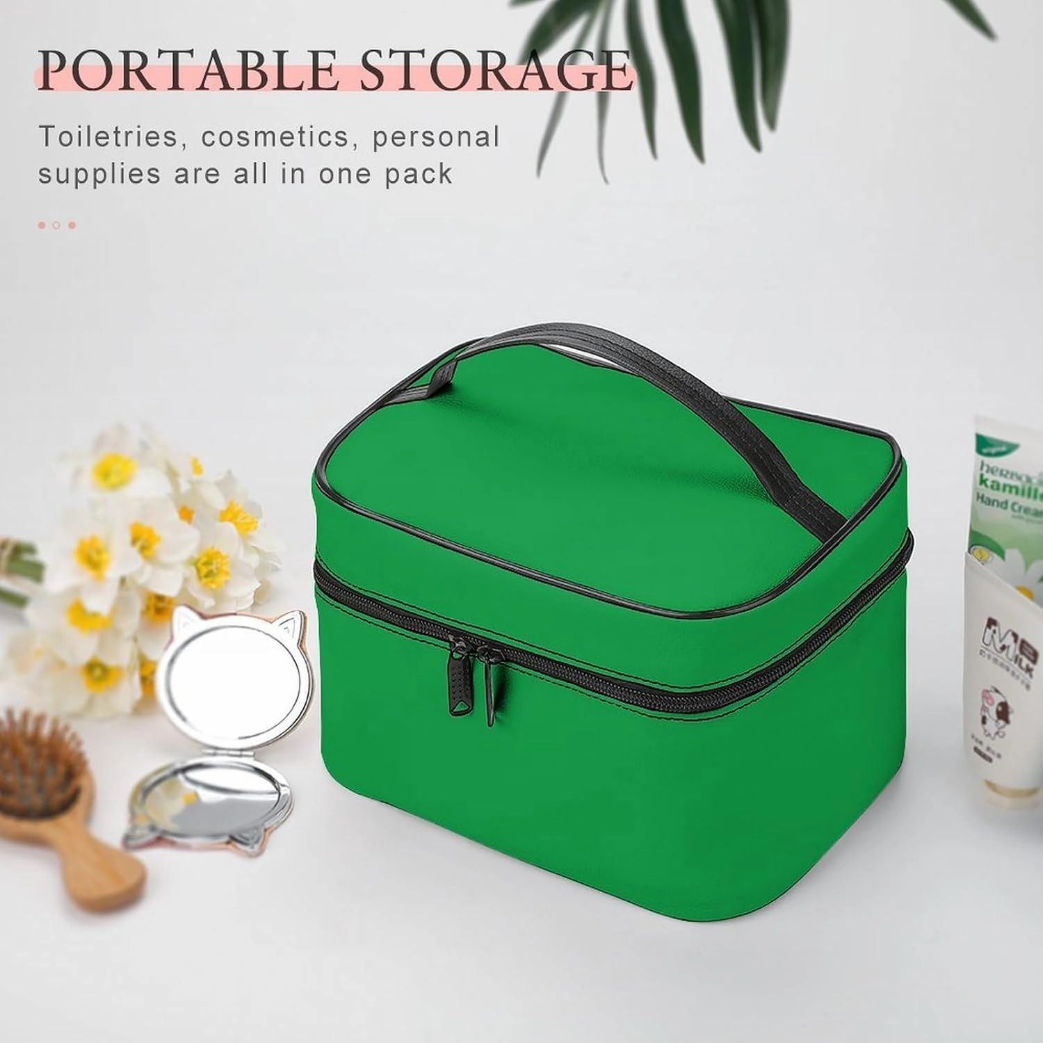 Large Makeup Bag, Classic Colors Bright Green Solid Cosmetic Bag for Women Girls, Portable Toiletry Bag, Travel Make Up Organizer Bag