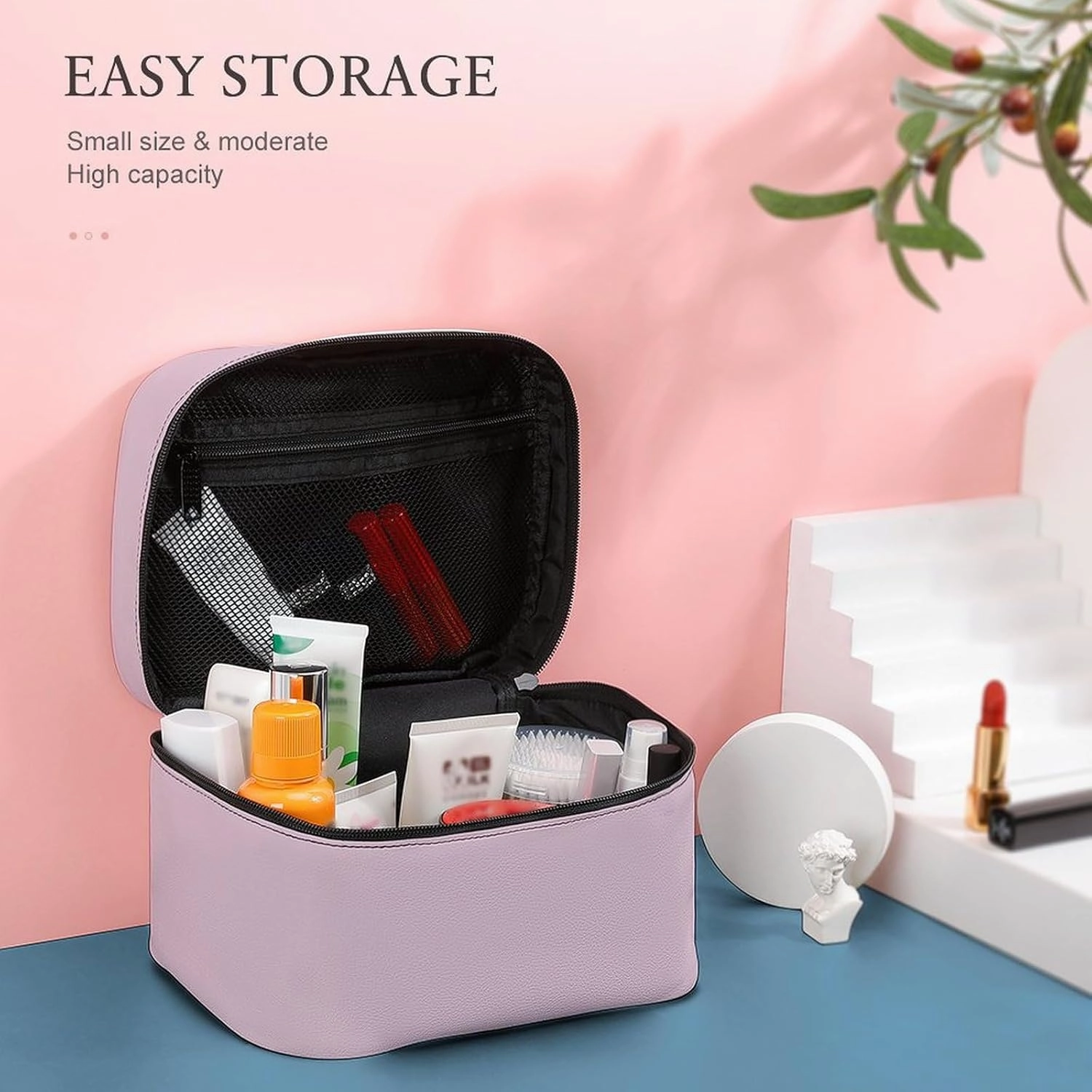 Large Makeup Bag, Solid Color Light Pale Pink Cosmetic Bag for Women Girls, Portable Toiletry Bag, Travel Make Up Organizer Bag