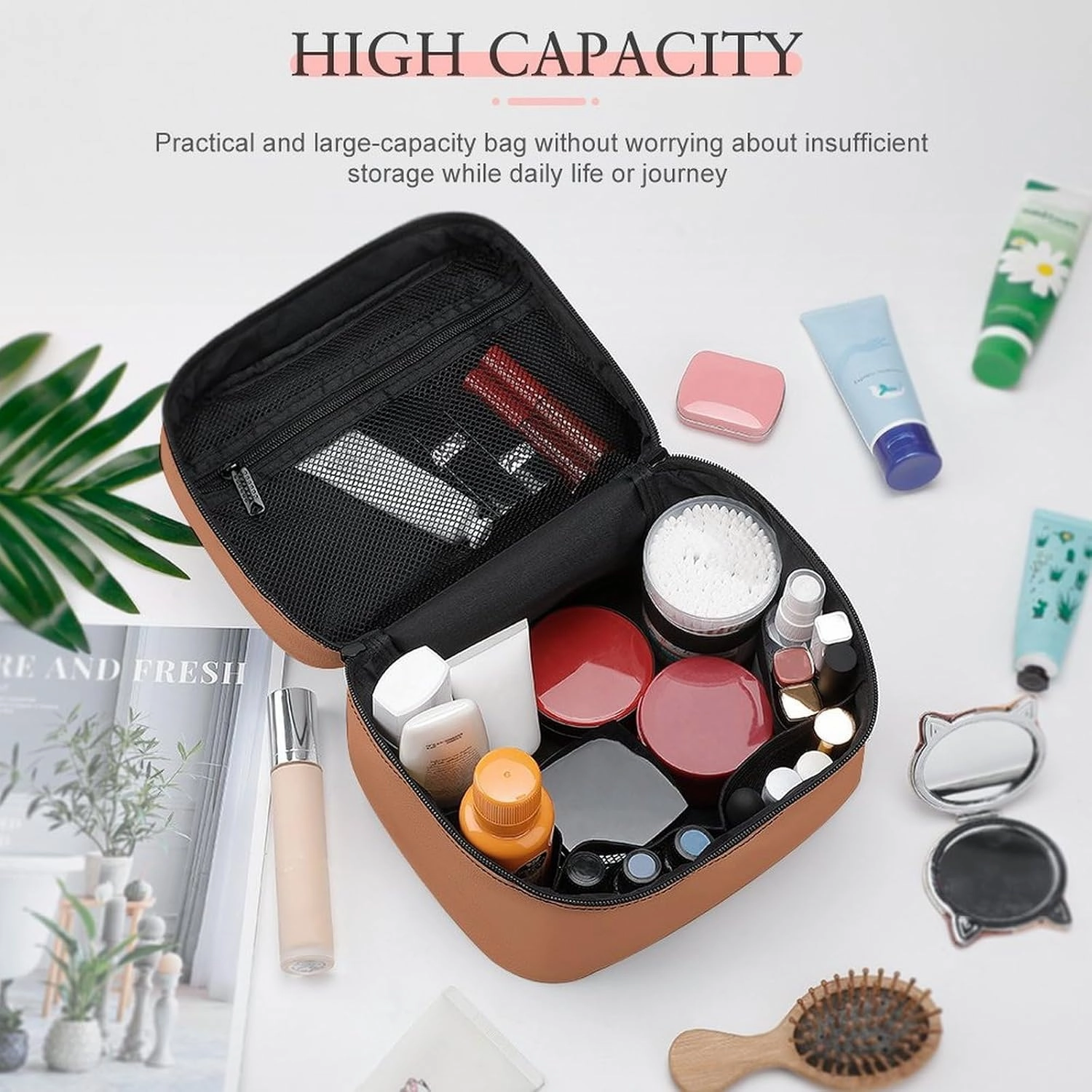 Large Makeup Bag, Solid Color Plain Copper Brown Cosmetic Bag for Women Girls, Portable Toiletry Bag, Travel Make Up Organizer Bag