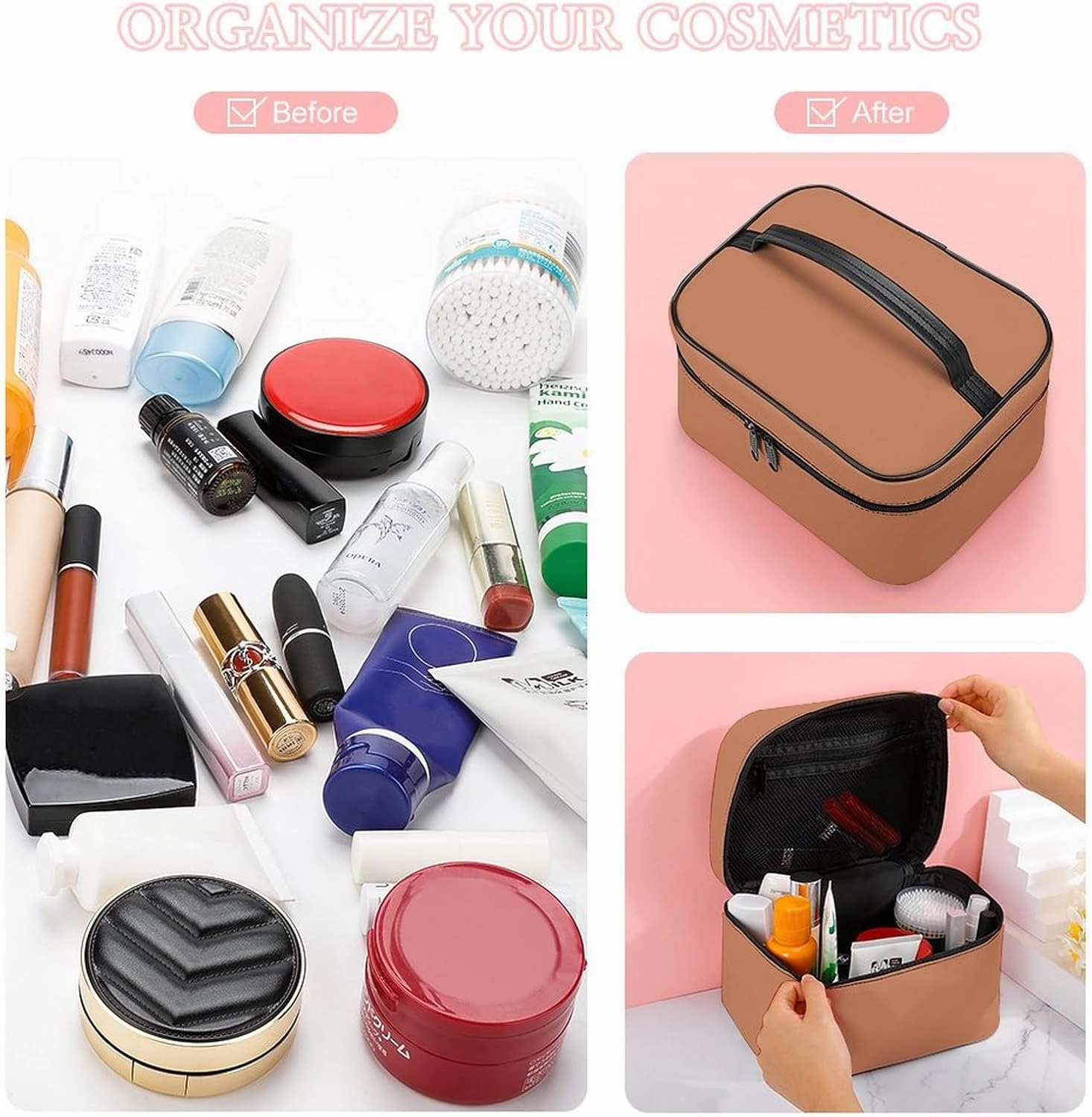 Large Makeup Bag, Solid Color Plain Copper Brown Cosmetic Bag for Women Girls, Portable Toiletry Bag, Travel Make Up Organizer Bag