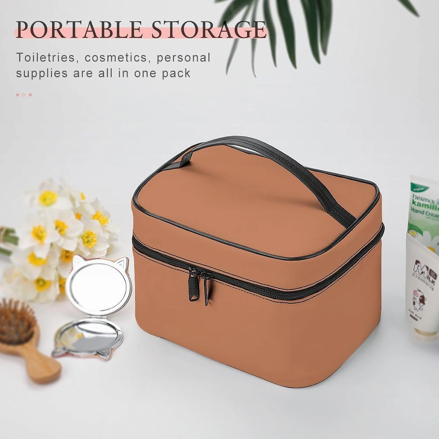 Large Makeup Bag, Solid Color Plain Copper Brown Cosmetic Bag for Women Girls, Portable Toiletry Bag, Travel Make Up Organizer Bag
