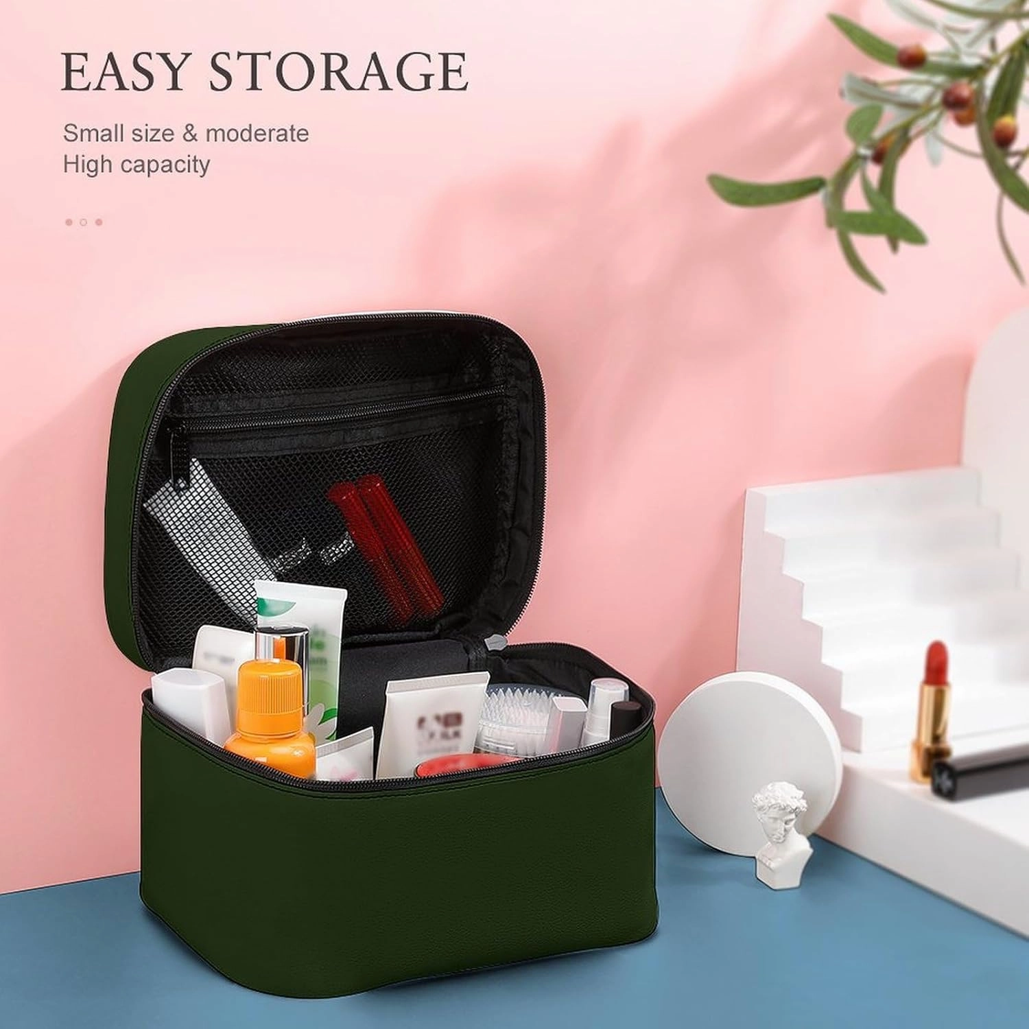 Large Makeup Bag, Solid Deep Forest Green Cosmetic Bag for Women Girls, Portable Toiletry Bag, Travel Make Up Organizer Bag