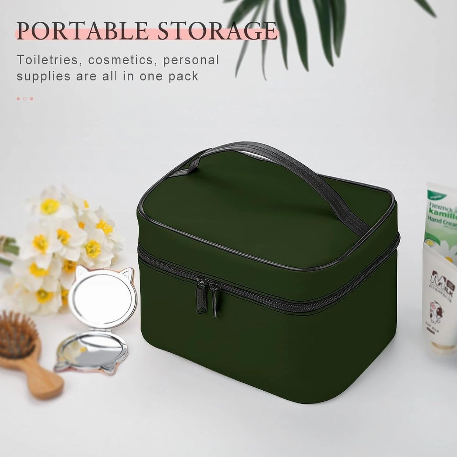 Large Makeup Bag, Solid Deep Forest Green Cosmetic Bag for Women Girls, Portable Toiletry Bag, Travel Make Up Organizer Bag