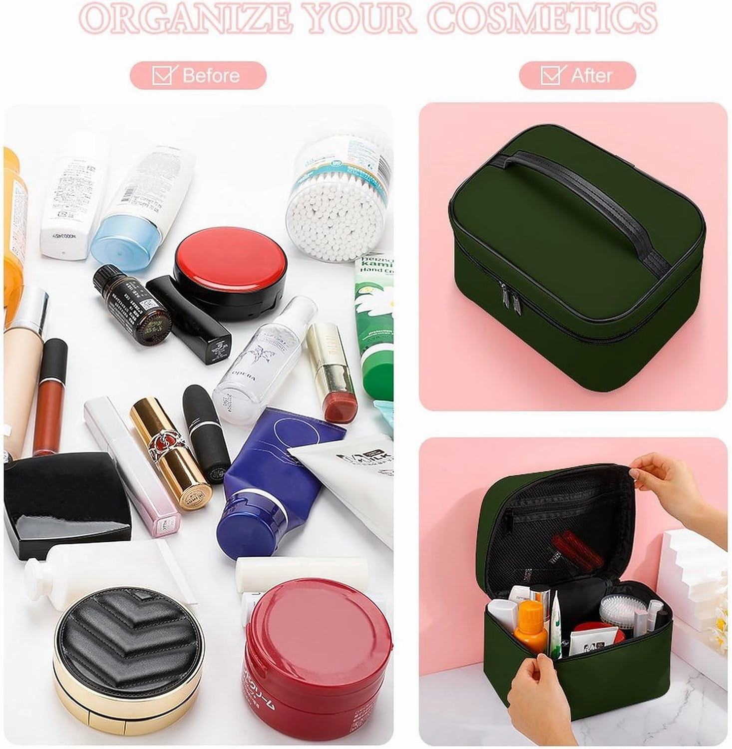 Large Makeup Bag, Solid Deep Forest Green Cosmetic Bag for Women Girls, Portable Toiletry Bag, Travel Make Up Organizer Bag