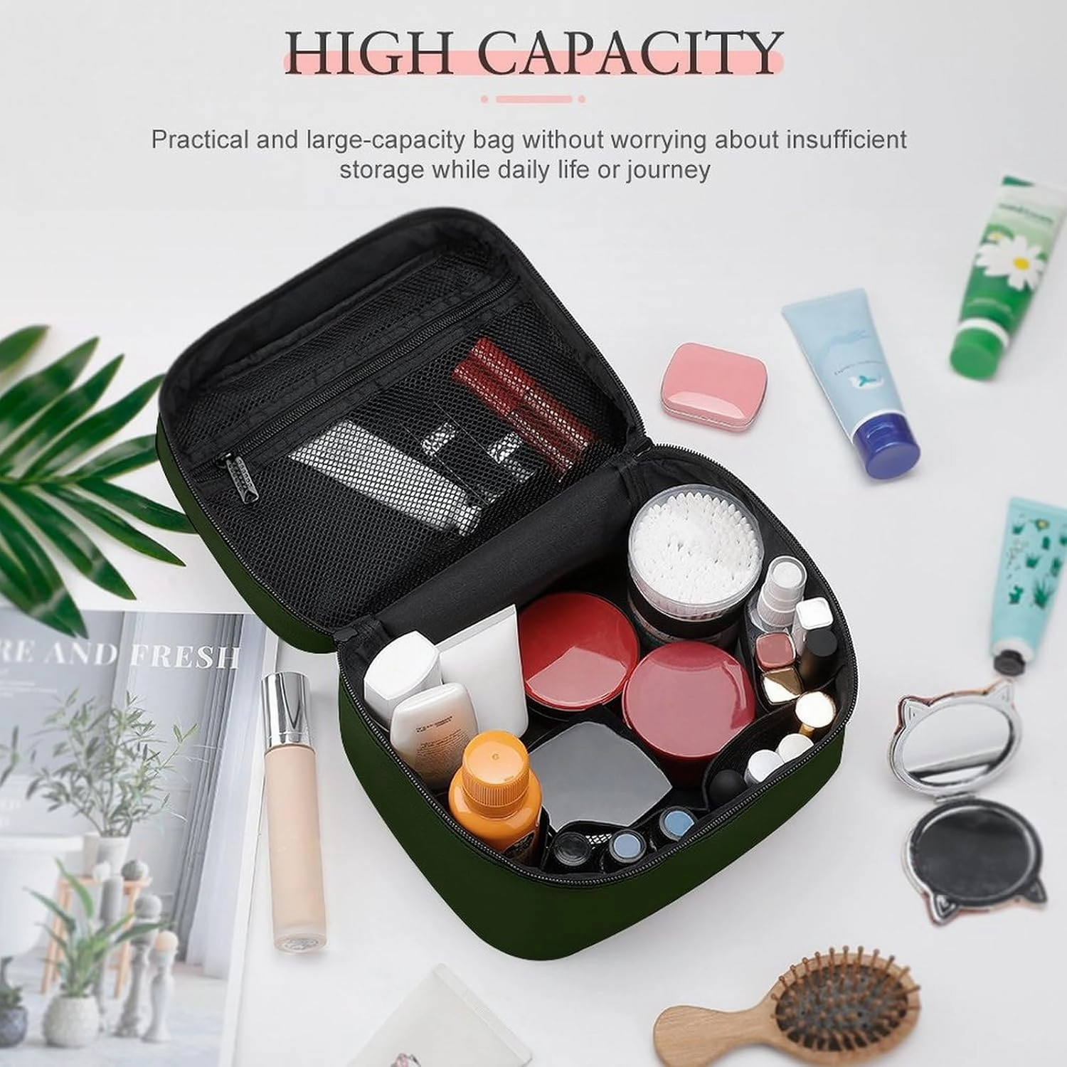 Large Makeup Bag, Solid Deep Forest Green Cosmetic Bag for Women Girls, Portable Toiletry Bag, Travel Make Up Organizer Bag