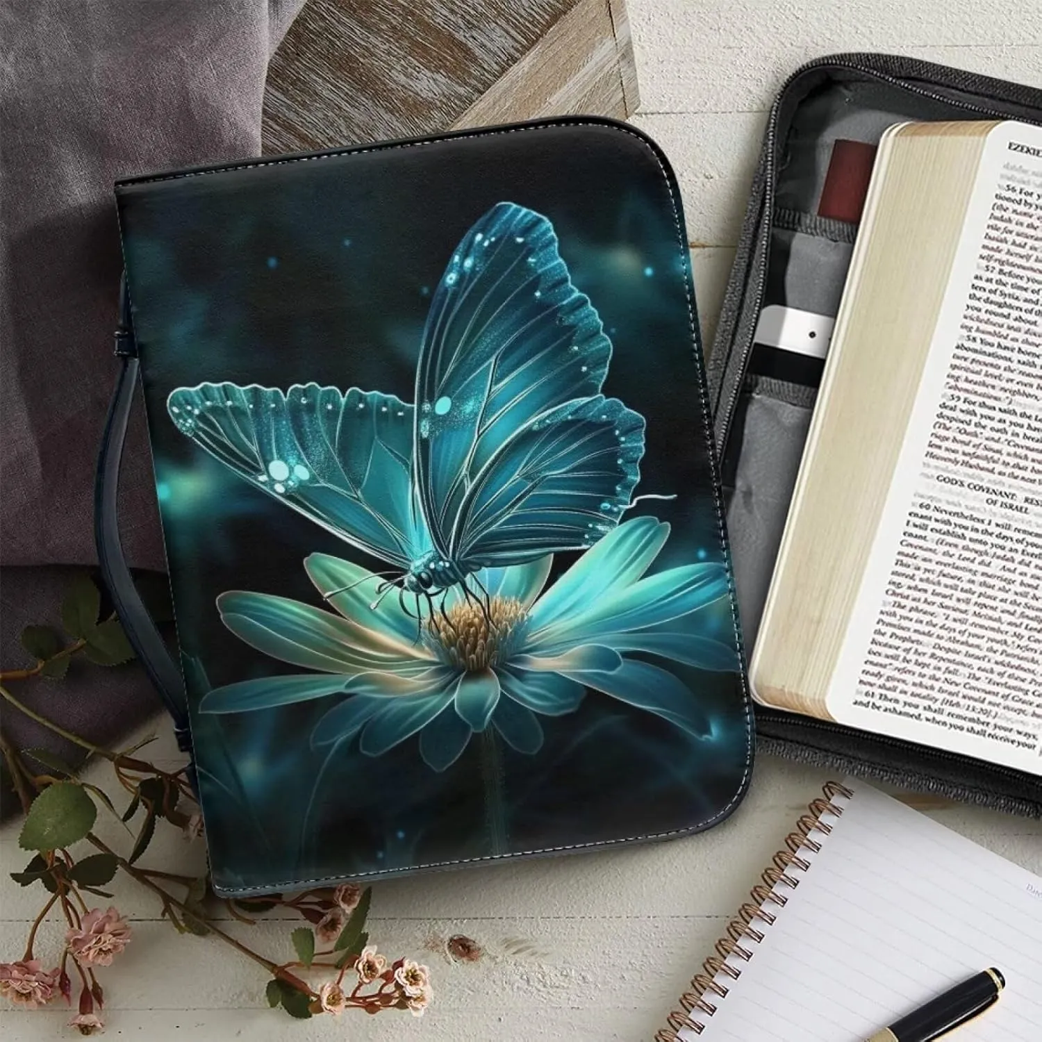 Leather Bible Covers for Women with Bookmark Daisy Butterfly Carrying Book Case with Bookmark Church Bag Bible Protective,XL