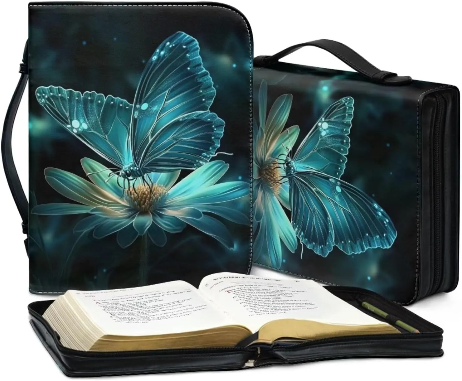 Leather Bible Covers for Women with Bookmark Daisy Butterfly Carrying Book Case with Bookmark Church Bag Bible Protective,XL