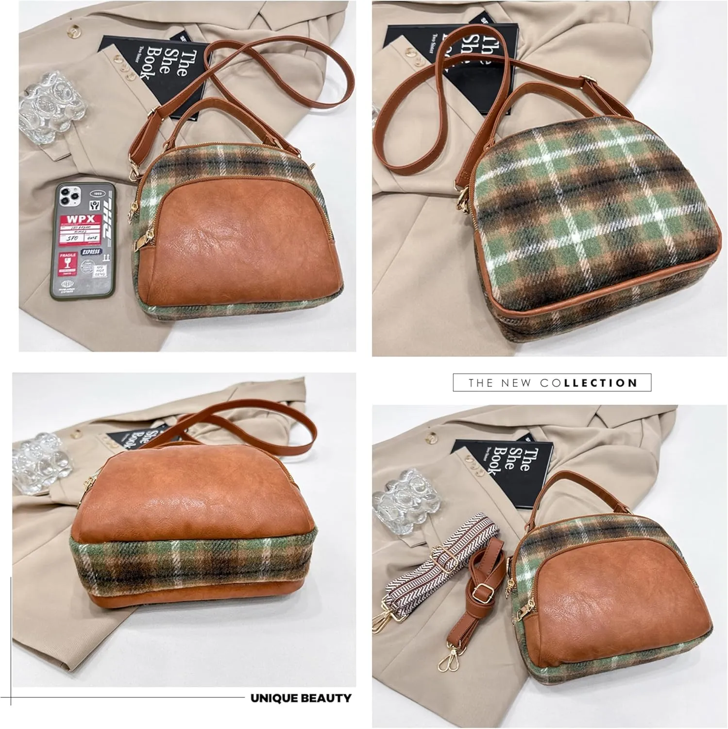 Leather Crossbody Bag with Plaid Pattern, Vintage Woolen Handbag High-grade Design