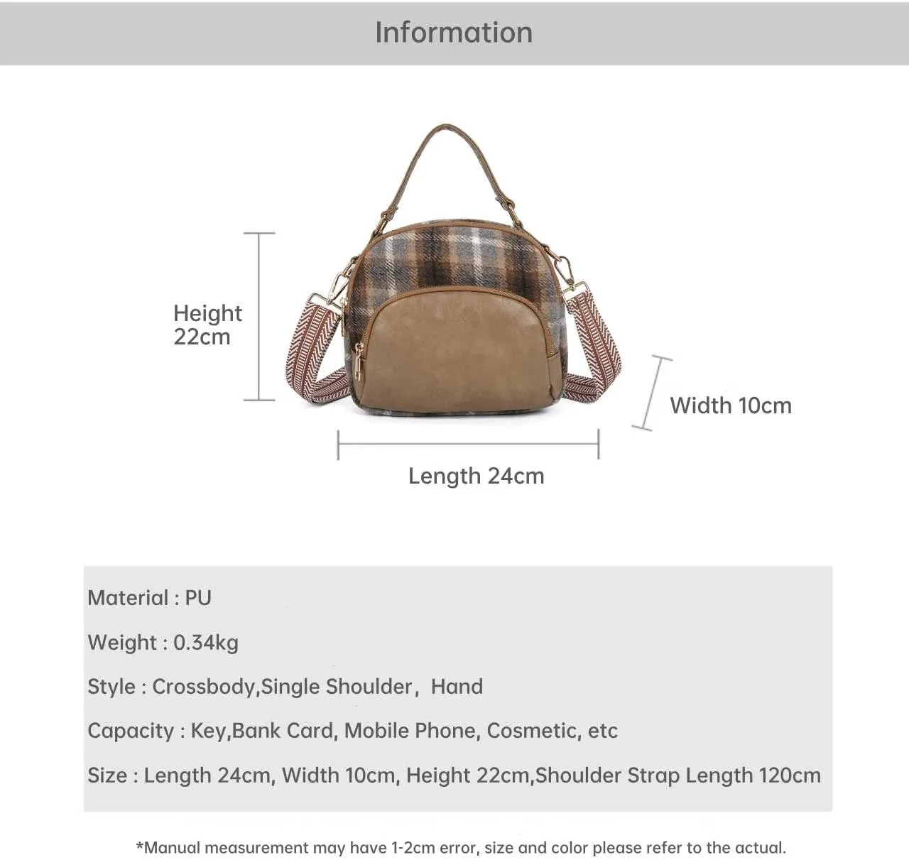 Leather Crossbody Bag with Plaid Pattern, Vintage Woolen Handbag High-grade Design