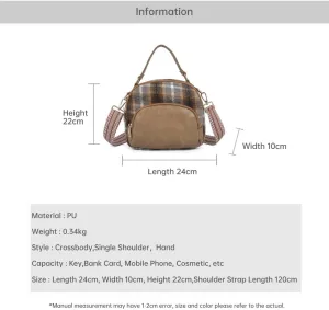 Leather Crossbody Bag with Plaid Pattern, Vintage Woolen Handbag High-grade Design