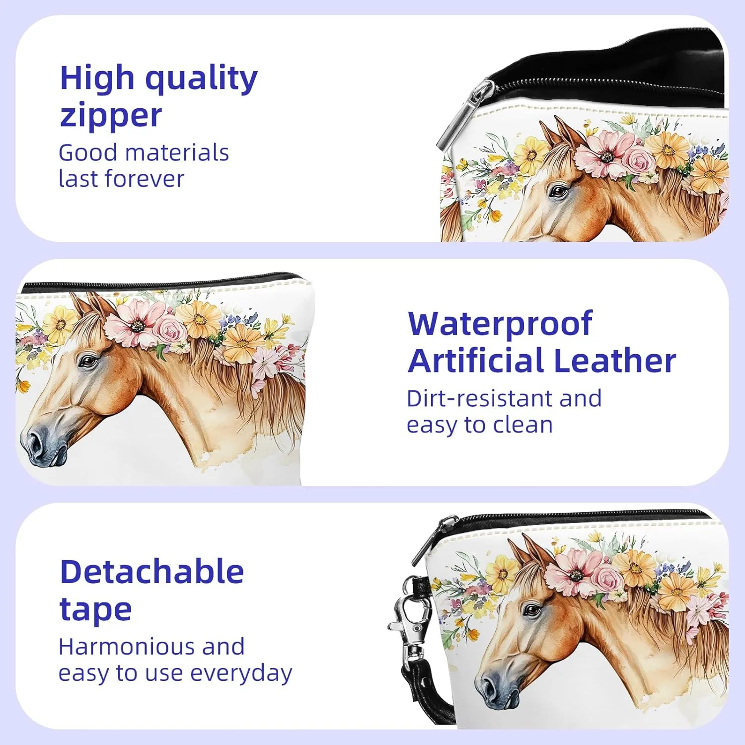 Leather Makeup Bag with Detachable Tape, Waterproof Portable Samll Cosmetic Bag Travel Accessories Organizer, Travel Toiletry Bag for Women Man, Brown Horse Make up Bag