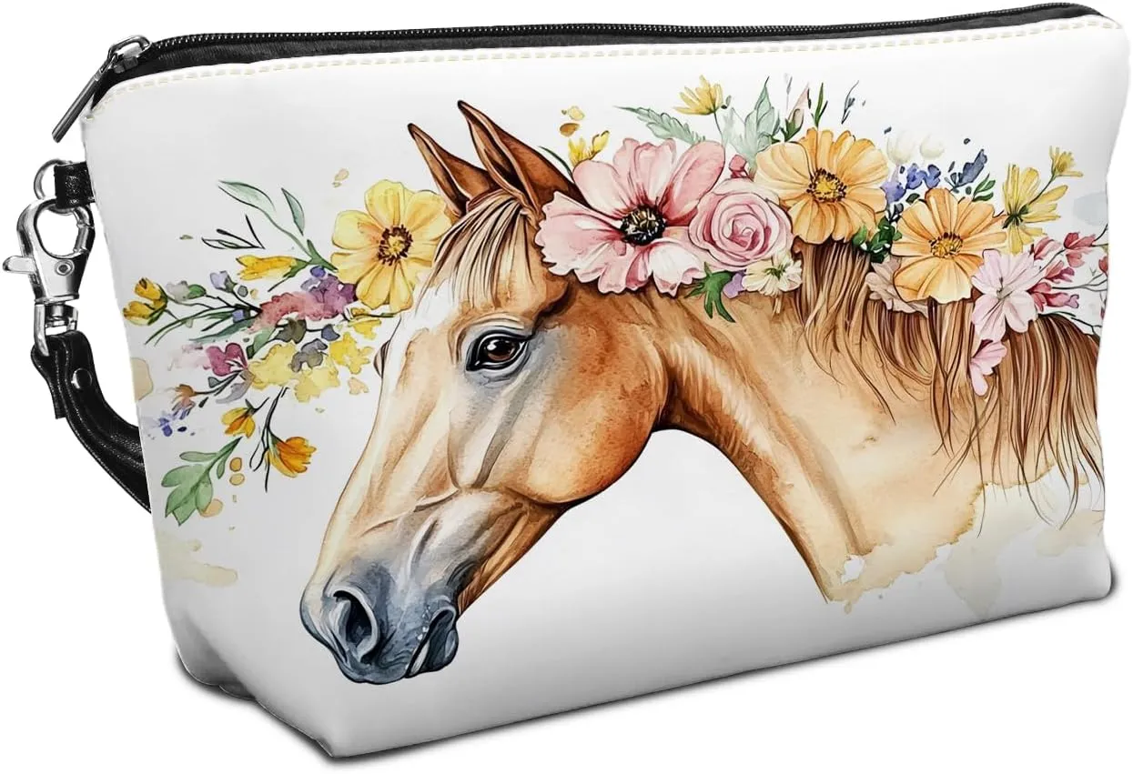 Leather Makeup Bag with Detachable Tape, Waterproof Portable Samll Cosmetic Bag Travel Accessories Organizer, Travel Toiletry Bag for Women Man, Brown Horse Make up Bag