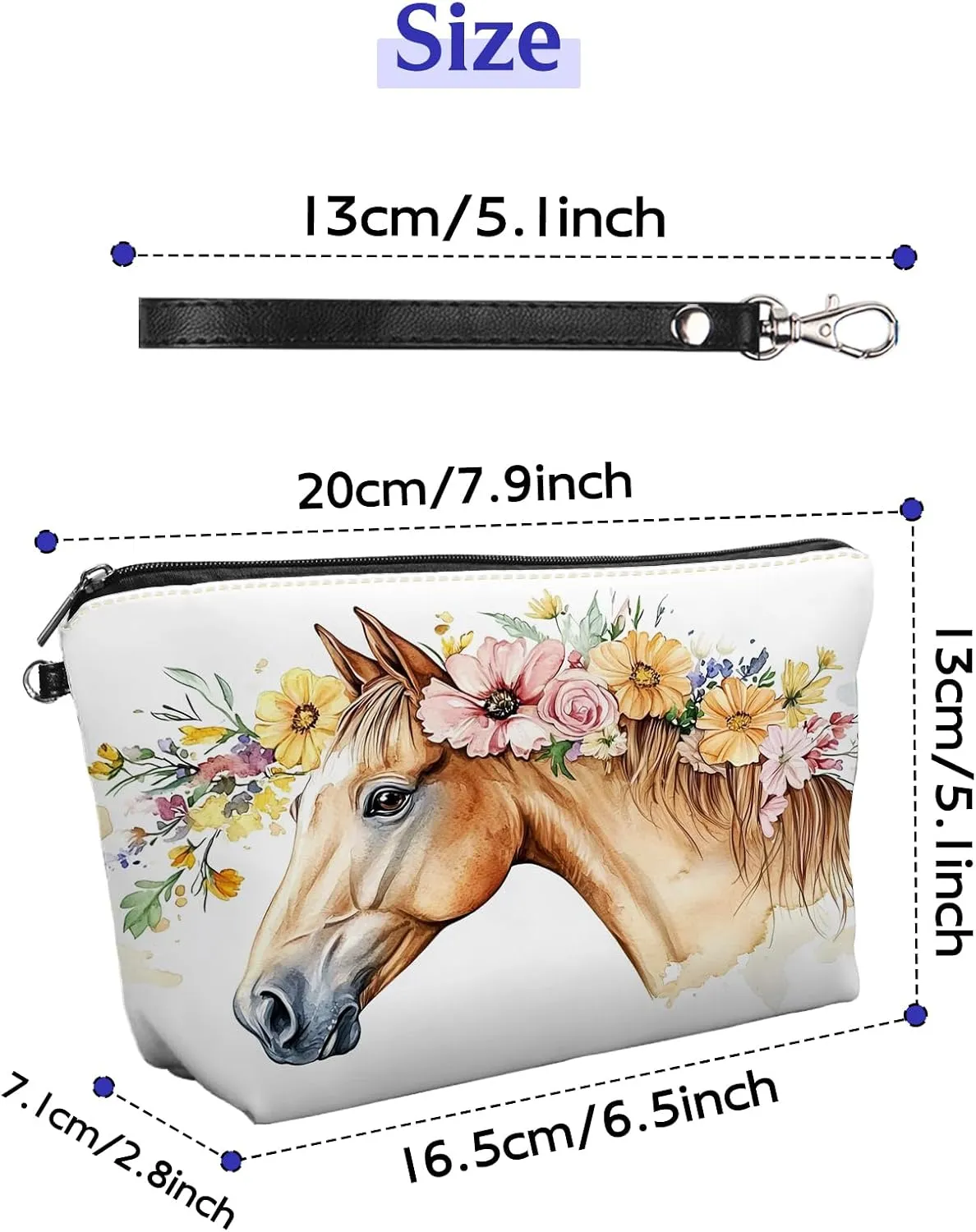 Leather Makeup Bag with Detachable Tape, Waterproof Portable Samll Cosmetic Bag Travel Accessories Organizer, Travel Toiletry Bag for Women Man, Brown Horse Make up Bag