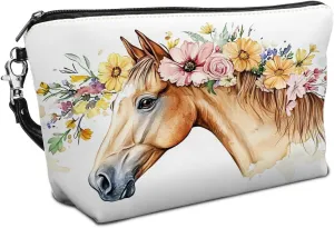 Leather Makeup Bag with Detachable Tape, Waterproof Portable Samll Cosmetic Bag Travel Accessories Organizer, Travel Toiletry Bag for Women Man, Brown Horse Make up Bag