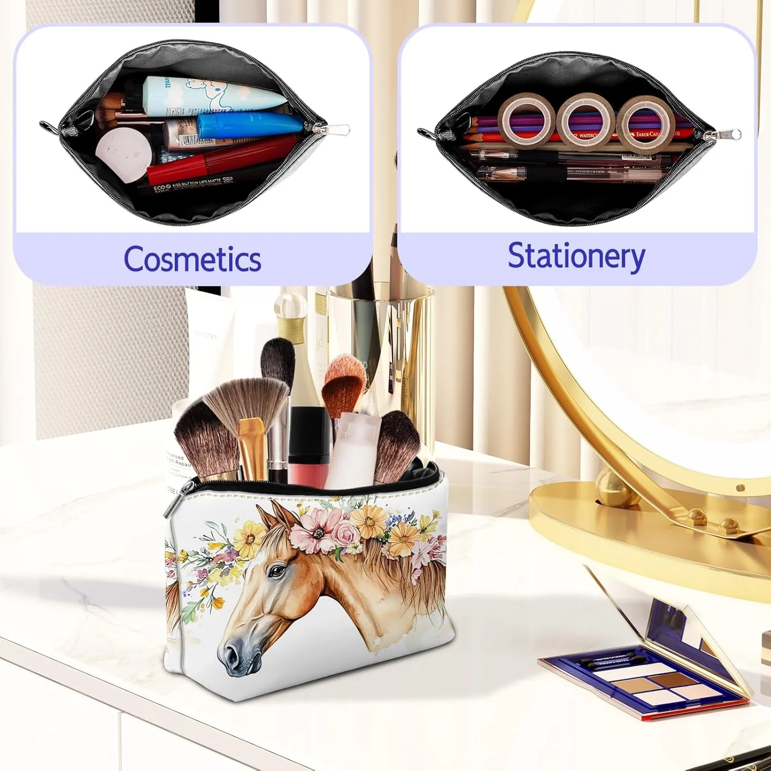 Leather Makeup Bag with Detachable Tape, Waterproof Portable Samll Cosmetic Bag Travel Accessories Organizer, Travel Toiletry Bag for Women Man, Brown Horse Make up Bag