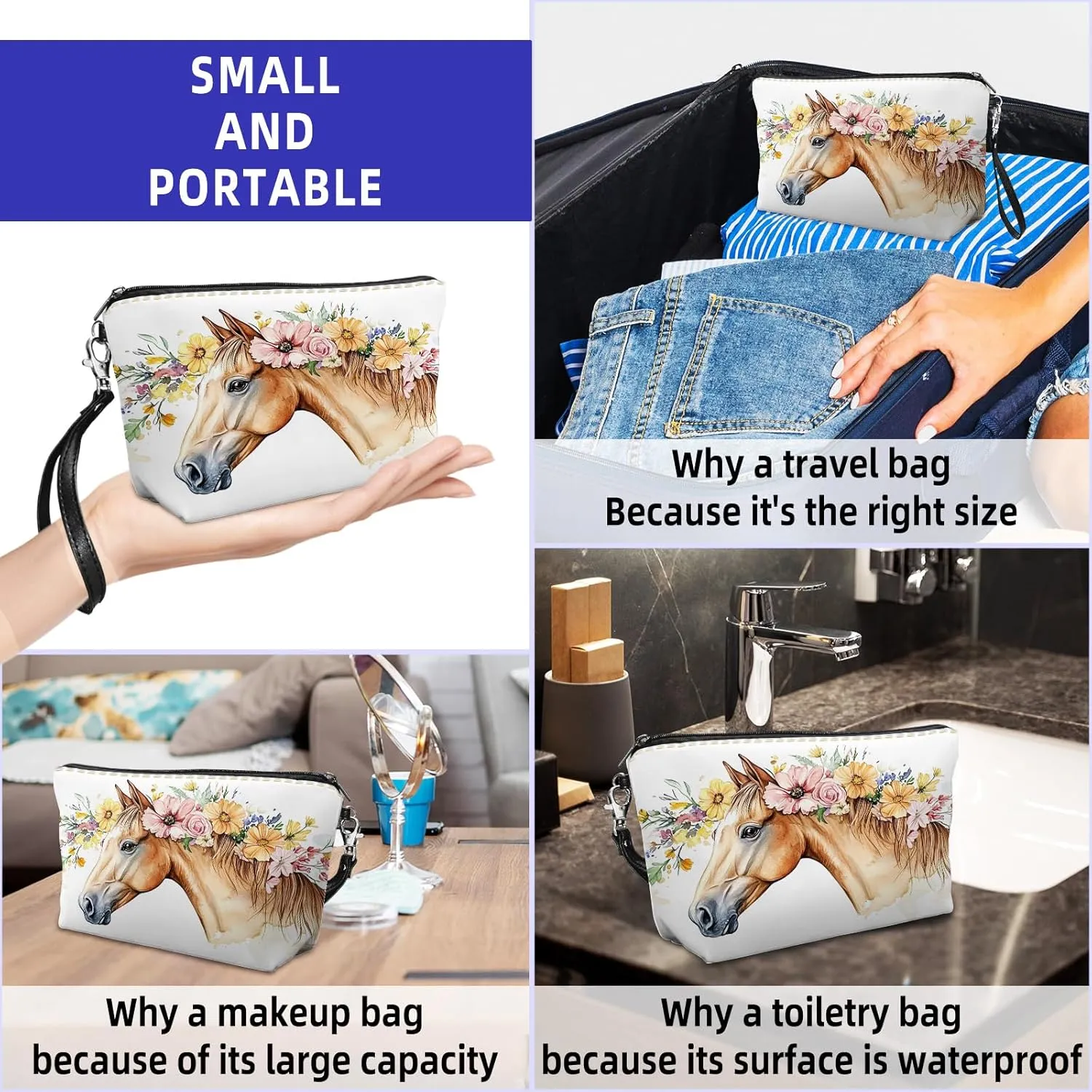 Leather Makeup Bag with Detachable Tape, Waterproof Portable Samll Cosmetic Bag Travel Accessories Organizer, Travel Toiletry Bag for Women Man, Brown Horse Make up Bag