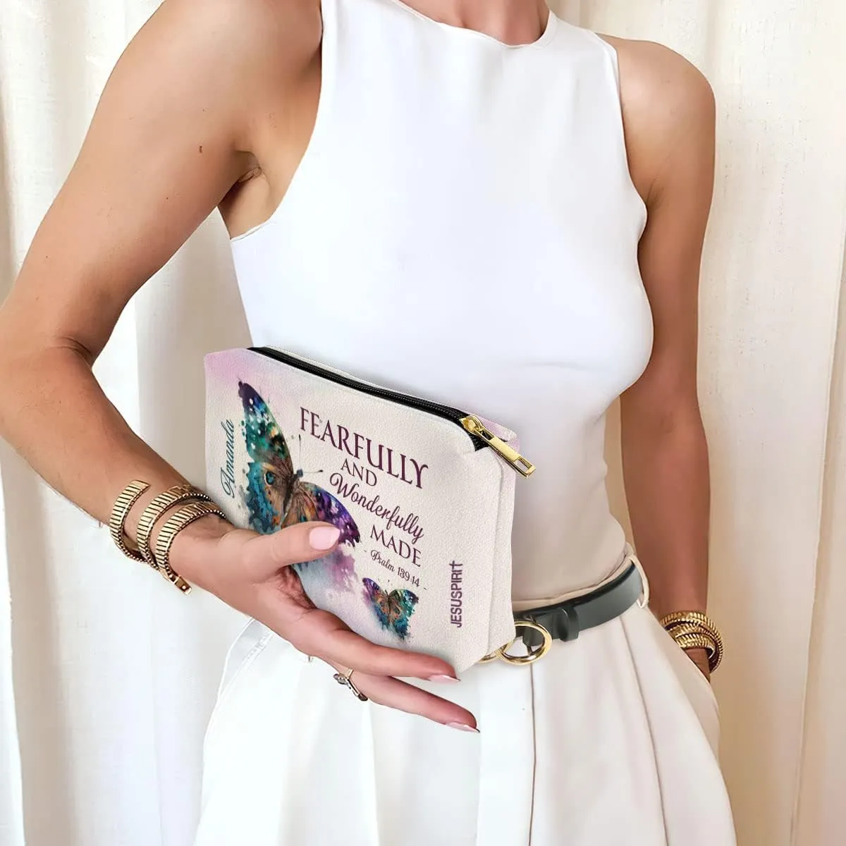 Leather Makeup Pouch For Women - Personalized Prayer Butterfly Bag With Bible Scripture - Christian Biblical Accessories Gifts for Faith Ladies, Mom, Wife, Sister on Mother's Day