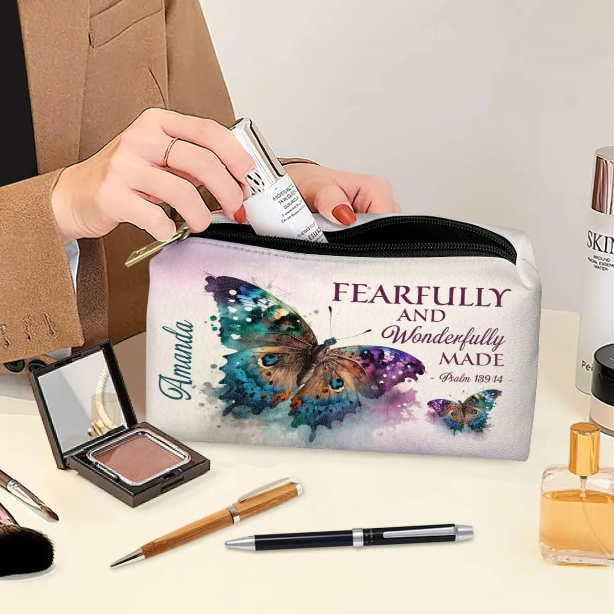 Leather Makeup Pouch For Women - Personalized Prayer Butterfly Bag With Bible Scripture - Christian Biblical Accessories Gifts for Faith Ladies, Mom, Wife, Sister on Mother's Day