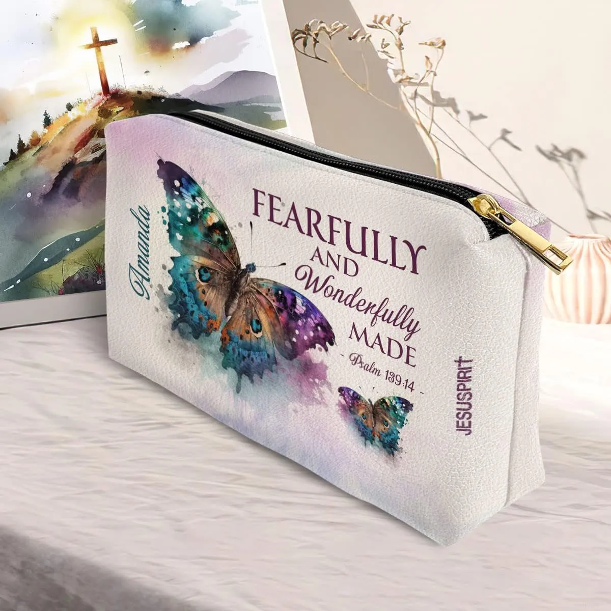 Leather Makeup Pouch For Women - Personalized Prayer Butterfly Bag With Bible Scripture - Christian Biblical Accessories Gifts for Faith Ladies, Mom, Wife, Sister on Mother's Day