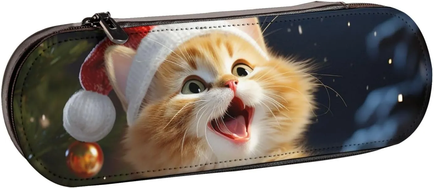 Leather Pencil Case Zipper Pencil Holder Cute Cat Sing Christmas Carols Pencil Bag Cute Pencil Pouch for Women Men Pencil Pouch Travel Makeup Bag Coin Pouch for Work Office