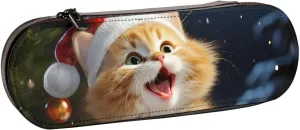 Leather Pencil Case Zipper Pencil Holder Cute Cat Sing Christmas Carols Pencil Bag Cute Pencil Pouch for Women Men Pencil Pouch Travel Makeup Bag Coin Pouch for Work Office