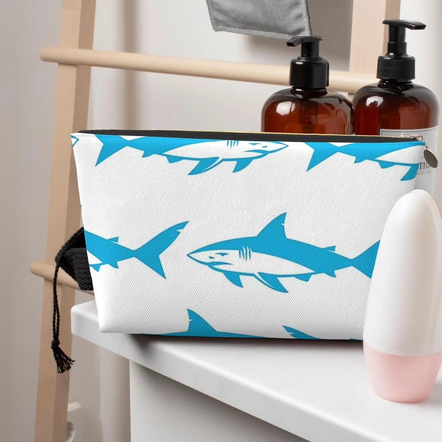 Leather Travel Toiletry Makeup Bag Zipper Makeup Pouch Travel Essentials Portable Cosmetic Bag Organiser Suitable Business Trip for Woman Man Blue Shark
