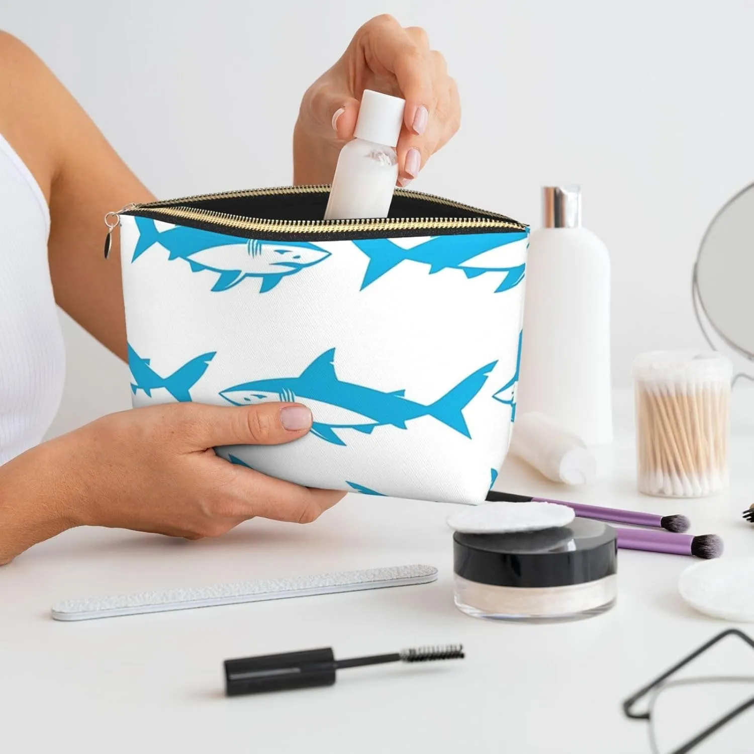 Leather Travel Toiletry Makeup Bag Zipper Makeup Pouch Travel Essentials Portable Cosmetic Bag Organiser Suitable Business Trip for Woman Man Blue Shark