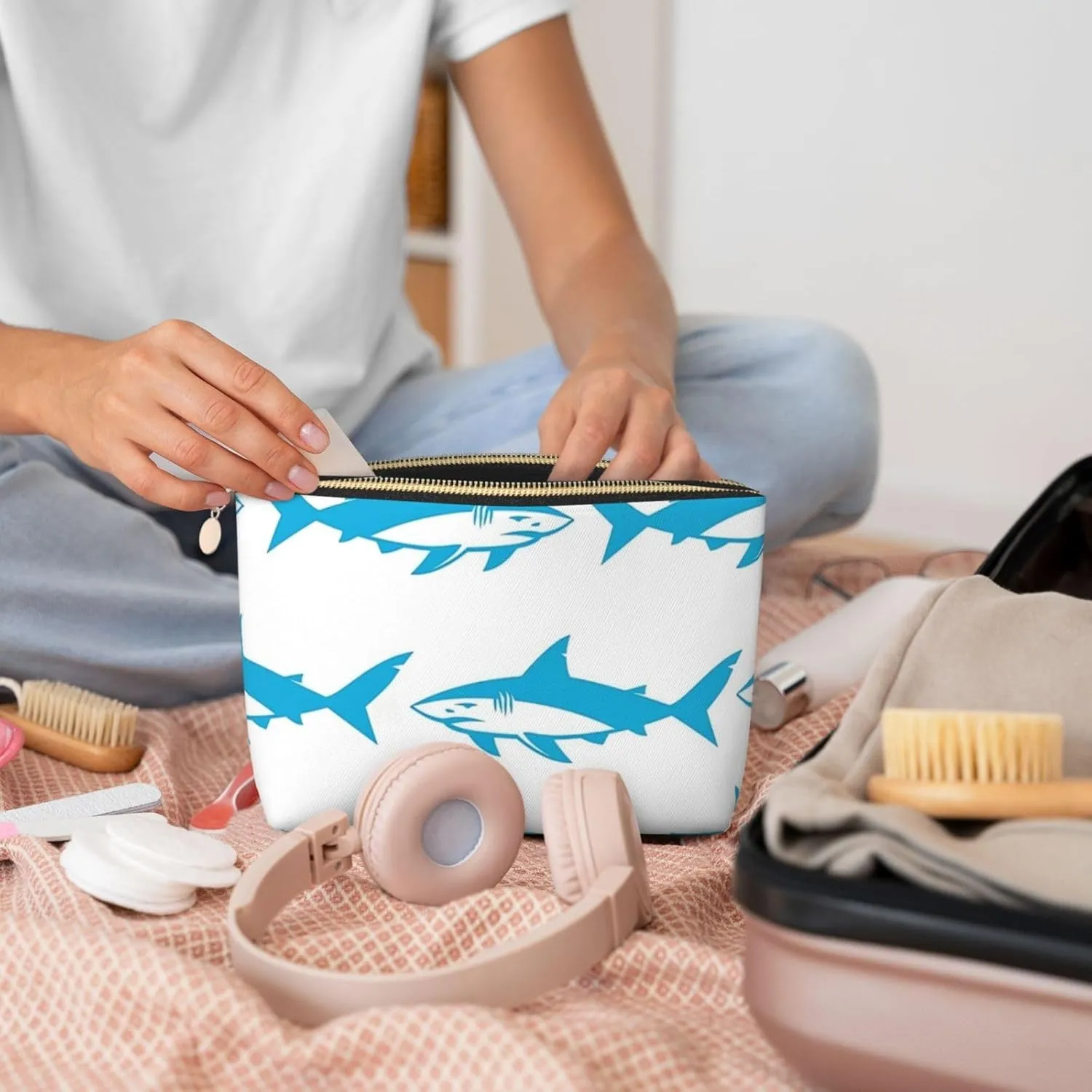 Leather Travel Toiletry Makeup Bag Zipper Makeup Pouch Travel Essentials Portable Cosmetic Bag Organiser Suitable Business Trip for Woman Man Blue Shark