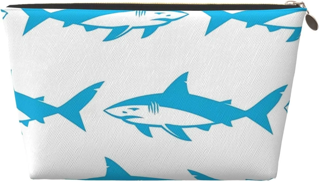 Leather Travel Toiletry Makeup Bag Zipper Makeup Pouch Travel Essentials Portable Cosmetic Bag Organiser Suitable Business Trip for Woman Man Blue Shark