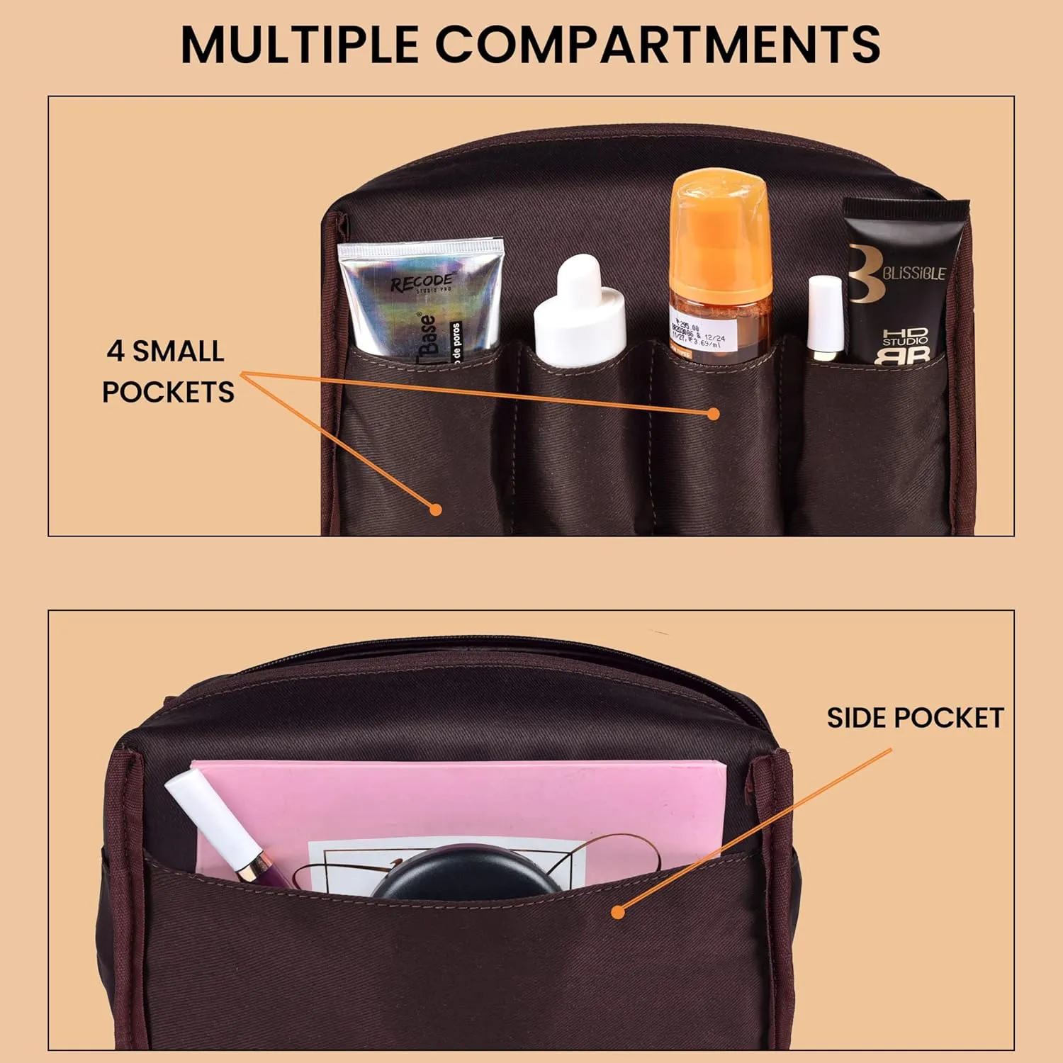 LEATHER VILLAGE Travel Makeup Bag for Women – Large Capacity Suede Cosmetic Pouch with Leather Handle, Inner Pockets & Wide Opening – Flat Open Toiletry Organizer for Travel & Daily Use – Brown