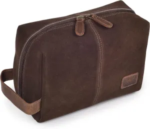 LEATHER VILLAGE Travel Makeup Bag for Women – Large Capacity Suede Cosmetic Pouch with Leather Handle, Inner Pockets & Wide Opening – Flat Open Toiletry Organizer for Travel & Daily Use – Brown