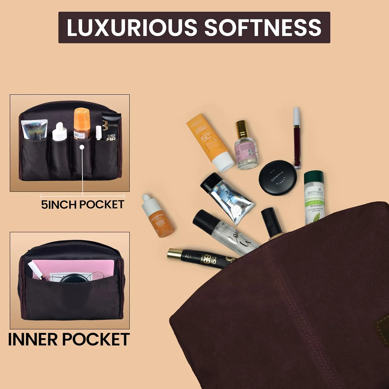LEATHER VILLAGE Travel Makeup Bag for Women – Large Capacity Suede Cosmetic Pouch with Leather Handle, Inner Pockets & Wide Opening – Flat Open Toiletry Organizer for Travel & Daily Use – Brown