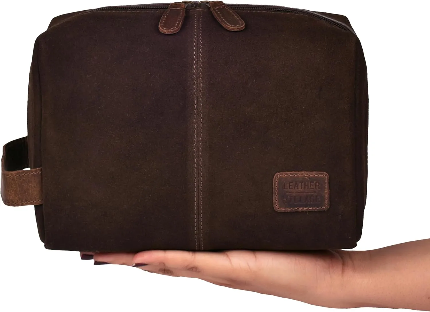 LEATHER VILLAGE Travel Makeup Bag for Women – Large Capacity Suede Cosmetic Pouch with Leather Handle, Inner Pockets & Wide Opening – Flat Open Toiletry Organizer for Travel & Daily Use – Brown