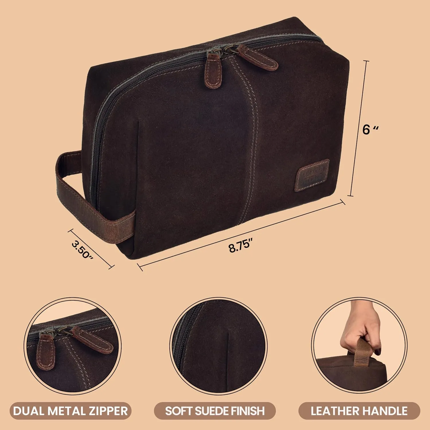 LEATHER VILLAGE Travel Makeup Bag for Women – Large Capacity Suede Cosmetic Pouch with Leather Handle, Inner Pockets & Wide Opening – Flat Open Toiletry Organizer for Travel & Daily Use – Brown