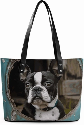 Leather Women Handbag, Boston Terrier Tote Bags with Zipper Closure, Casual Shoulder Bag for Work Travel
