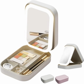 LED Lighted Makeup Mirror Box, Portable Jewelry Case with 3 Light Modes, 1200mAh Rechargeable, PU Portable Cosmetics Case with Handle, 6.5 x4.5 x 1.4 inches(White)
