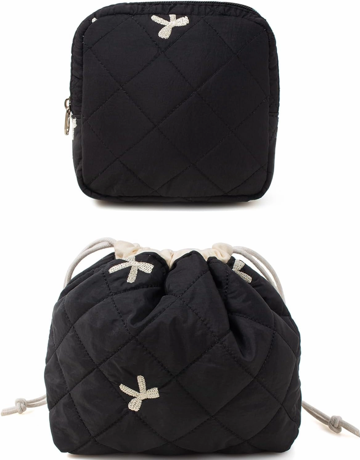 LETGO Cotton Makeup Bag,Quilted Cosmetic Bag,Large Make Up Bag for Women,Cotton Drawstring Makeup Bag Set, Travel Toiletry Bag Small Comestic Bag for Purse (Black Bow)