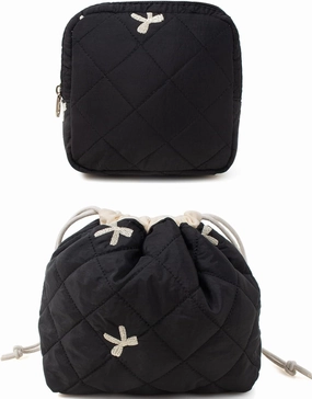 LETGO Cotton Makeup Bag,Quilted Cosmetic Bag,Large Make Up Bag for Women,Cotton Drawstring Makeup Bag Set, Travel Toiletry Bag Small Comestic Bag for Purse (Black Bow)