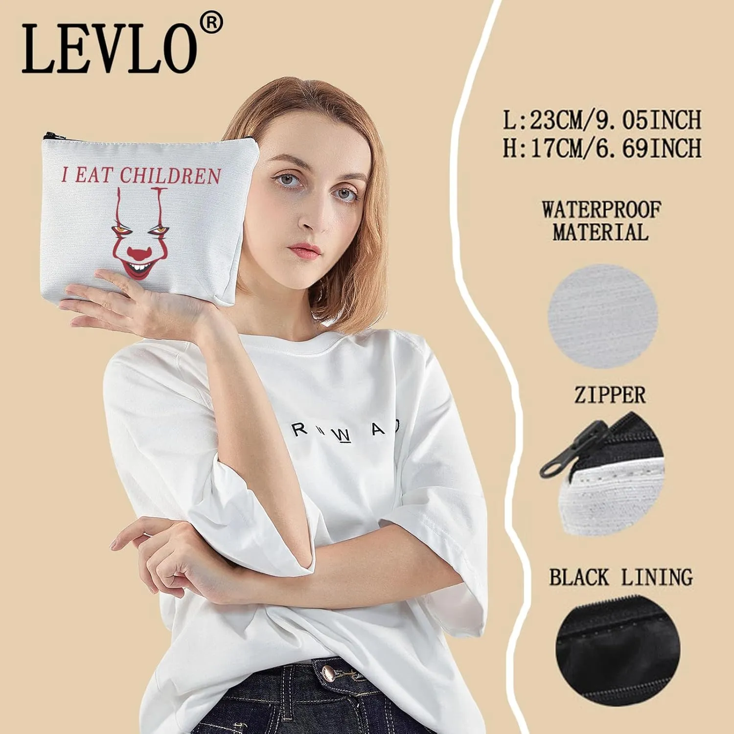 LEVLO Clown Cosmetic Make Up Bag Clown Fans Gift I Eat Children Makeup Zipper Pouch Bag Horror Movie Merchandise (Eat Children)